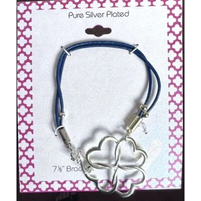 Womens Pure Silver-Plated Bracelet with Two Thin Dark Blue Leather Strands 7.5" - Image 1 of 3