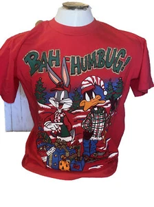 Vintage 1990s Bugs Bunny Daffy Duck Christmas T-Shirt Bah Humbug Freeze LG - Picture 1 of 4