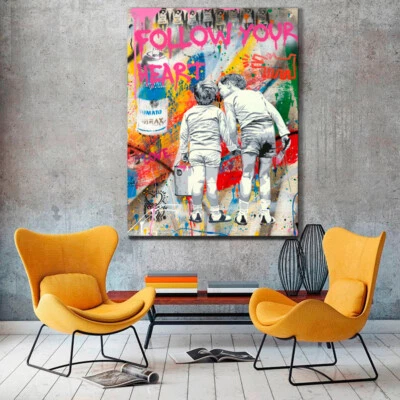 BANKSY 2 BOYS PRINT ON STRETCHED CANVAS PRINTS GRAFITTI FOLLOW YOUR HEART DECOR - image 1 of 4