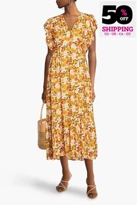 RRP €385 SANDRO Jacquard Midi Dress FR36 US4 UK8 S Floral Ruffles V-Neck - Picture 1 of 6