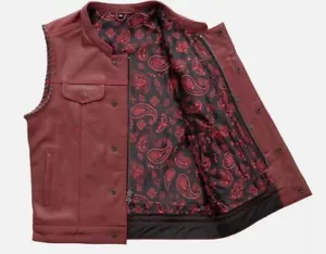 Men's Red Premium Leather Vest Red Paisley - - Lining Concealed Bike Riding Vest - Picture 1 of 5