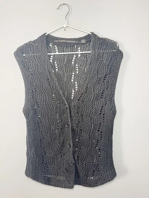 Isda & Co Lino Crochet Suéter Chaleco Botón Negro Boho Y2K Tejido Abierto Grueso Med Foto 1 de 4