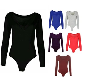 Womens V-Neck Plain Stretchy Bodysuit Ladies Long Sleeve Casual Wear Leotard Top - Picture 1 of 6