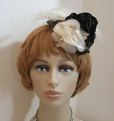 Винтажный черный и кремовый женщины наклон Топпер шляпа - Fascinator коктейль шляпа - Изображение 1 из 4