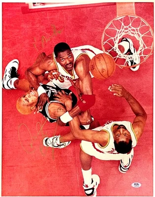 Hakeem Olajuwon & Dennis Rodman Signed Autographed Rockets vs Bulls 16x20 Photo - Image 1 of 2