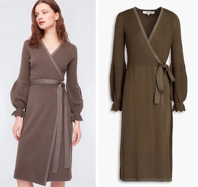 Diane Von Furstenberg Size M POLA RIBBED KNIT MIDI WRAP DRESS ARMY GREEN Wool - Image 1 of 4