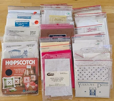 27 pc Cross Stitch  Aida Cloth Lot 10 to 22 Count Assorted Colors, Types, Sizes - Image 1 of 4