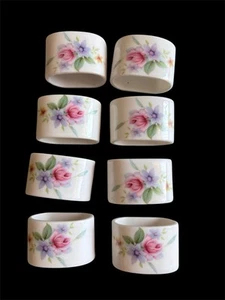 Vtg 8 Handpainted Porcelain Napkin Rings Rose Bouquet Floral Cottagecore Granny - Picture 1 of 8