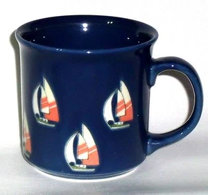 OTAGIRI COFFEE MUG RARE NAVY BLUE CORAL SAILBOATS - Picture 1 of 2