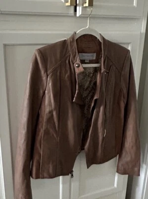 Marc New York Andrew Marc Motorcycle Jacket Brown Leather & Canvas Womens Small - Image 1 of 4