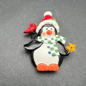 Vintage Penguin Snowman Brooch Scarf Bird Star Santa Hat Holiday Christmas Pin - Picture 1 of 8