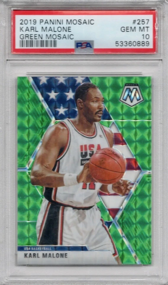 2019 PANINI MOSAIC GREEN PRIZM KARL MALONE USA NBA HOF #257 SP PSA 10 GEM MINT - Image 1 of 1