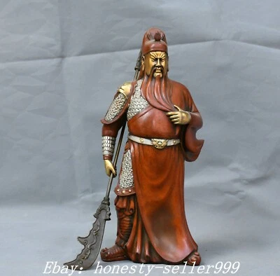 Estatua de Dios Guerrero Guan Gong Yu 12,2" Dinastía China Bronce Púrpura Dorado Plata Foto 1 de 4