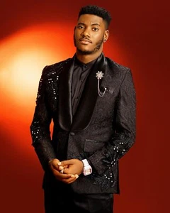Jacquard Men Suits Shawl Lapel Wedding Groom Tuxedos Luxury Beaded Blazer Slim - Picture 1 of 11