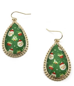 CHRISTMAS SANTA CLAUS PATTERNED GOLD TONE HEXAGON DANGLE METAL EARRINGS - Picture 1 of 1