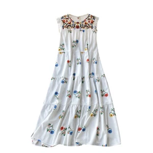 Lady Ethnic Boho Midi Dress Ruffle Hippie Embroidery Floral Sleeveless Dresses - Picture 1 of 12