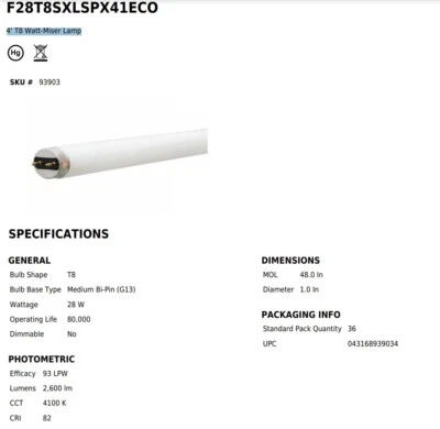 (36) F28T8 Medium Bipin Cool White 2,675 Lumens, 80,000 Life Hours [H1TP] - Image 1 of 4