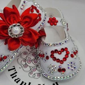 "Sale"blinged newborn baby girl shoes,Ligh Siam & AB Crystals CHRISTening shoes. - Picture 1 of 7