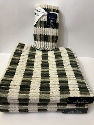 Brooks Brothers 2 Bath 2 Hand Towel Set Tiles Green Ecru 100% Cotton Turkey NWT - image 1 of 4