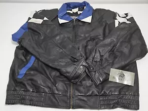 Burks Bay schwarz & blau karierte Flagge Rennjacke Wolle Leder XXL Vintage neu mit Etikett - Bild 1 von 13