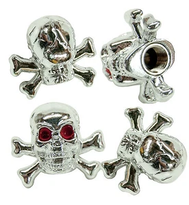 Chrome Skull & Cross Bones Valve Caps Pk.4 - VC Stems Air Tire Pressure PSI  - Picture 1 of 1