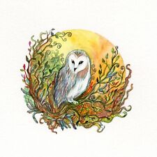 Original Painting Owl and the Moon Watercolor Fantasy Bird Art 5x5 by Patricia