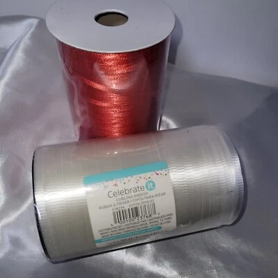 White Curling Ribbon and Red Thin Satin Ribbon - 2 Rolls New - Image 1 of 4