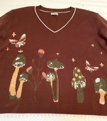 Earthbound Trading Mushroom Butterfly Brown Crop Bell Sleeve Sweater XXL Boho - Image 1 of 4