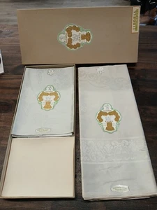 VINTAGE Liddell Goldmedaille Damast irisches Leinen Tischdecke 70 x 88 mit 12 kt Servietten - Bild 1 von 7
