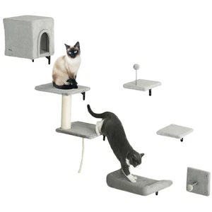 PawHut 6-Piece Cat Wall Shelves Set, Cat Wall Furniture with Condo, Grey - Picture 1 of 11
