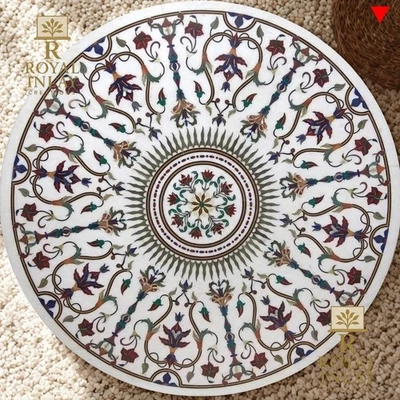 36" Round White Marble Table with Multicolor Inlay – Handmade Geometric Art - Image 1 of 4