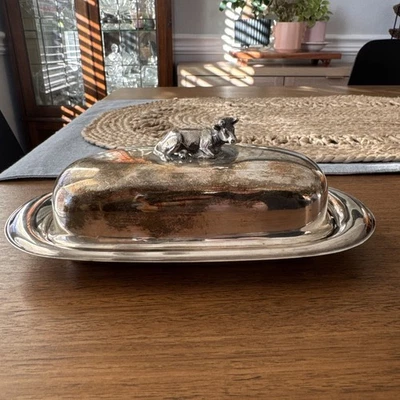 Plato de mantequilla de vaca lechera vintage plateado Foto 1 de 4