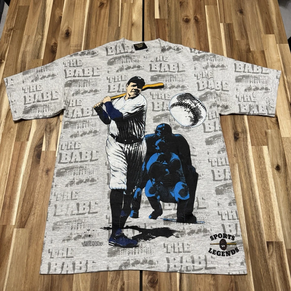 Винтажная мужская рубашка Babe Ruth L серая AOP New York Yankees одинарный шов США 90-е - Изображение 1 из 4