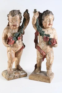 N77F06- Pareja de figuras barrocas de madera putti talladas y encuadernadas siglo XVIII - Imagen 1 de 12
