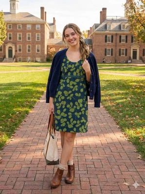 Vestido Boden Micro Pana EE. UU. 2P Azul Verde Estampado de Hojas Cambio Informal Preppy Otoño Foto 1 de 4