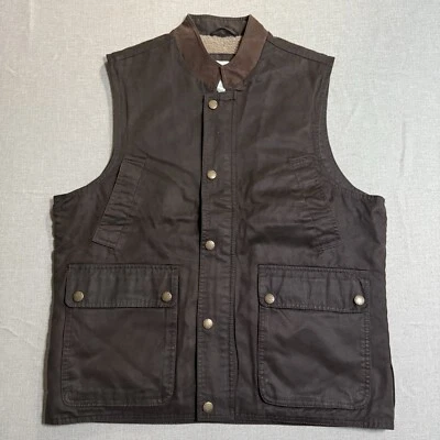 Chaleco utilitario Orvis Sherpa forrado de algodón encerado marrón mediano multi bolsillo cuero Foto 1 de 4