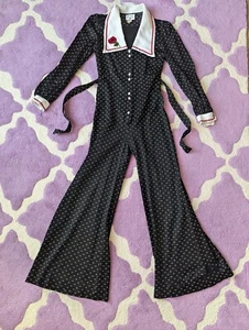 Vintage 70's PBJ Junior Petites Black Polka Dot Dagger Collar Jumpsuit Size XS/S - Picture 1 of 22