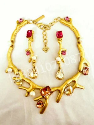 Oscar De La Renta signed Gold Coral With Crystal Necklace and earrings - Image 1 of 4