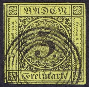 Baden 1851 SG3 3k Black on Yellow 4m Very Fine Used Cat. £25.00 - Picture 1 of 1