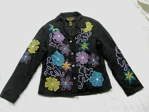 Alex Kim Jacket Petite Large PL Black Floral Applique Embroidery Button Lined  - Picture 1 of 7