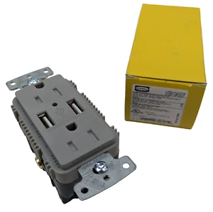 Hubbell USB15A5GY USB Charger Duplex Receptacle Tamper Resistant Gray 15A 125V - Picture 1 of 3