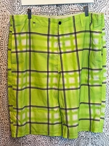 ZOO YORK MENS NEON GREEN PLAID BOARD SHORTS SWIM TRUNKS WITH BLACK STRIPES - Picture 1 of 8