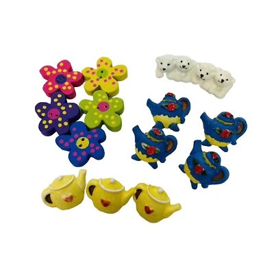 Shank Two hole Novelty Hand Painted Buttons lot of 14 Flowers Tea Pot Polar Bear - Image 1 of 4