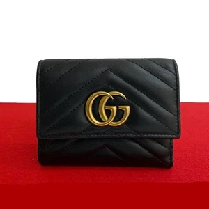 Gucci GG Marmont Portafoglio Tri-Fold Pelle Mini Portafoglio Nero GG Placca Oro - Foto 1 di 10