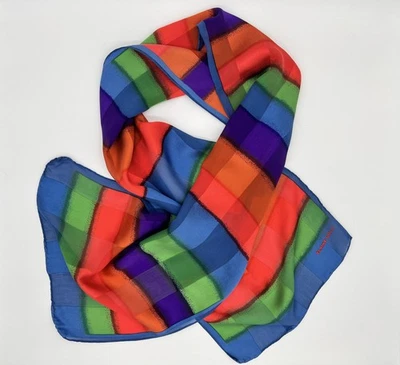 Elaine Gold Silk Scarf Womens One Size Blue Multicolor Oblong Colorblock Plaid - Image 1 of 4