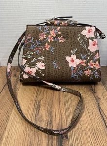 Guess Floral Handbag Purse Monogram Brown Metal Circle Handle Crossbody Strap - Picture 1 of 9