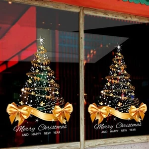 Gold Christmas Xmas Tree Art Decals Bow Window Stickers Wall Home Shop Decor - Picture 1 of 8
