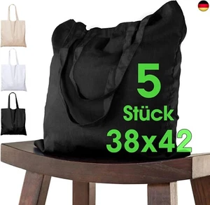 5 Stück Baumwolltasche 38 x 42 cm SCHWARZ unbedruckt lange Henkel Stofftasche - Bild 1 von 8