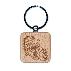 Surfer Man Riding Wave with Surfboard Engraved Wood Square Keychain Tag Charm - Picture 1 of 6
