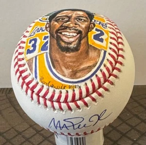MAGIC JOHNSON SIGNED MLB BASEBALL ORIGINAL RON LEWIS PAINTING JSA & BECKETT - Picture 1 of 7
